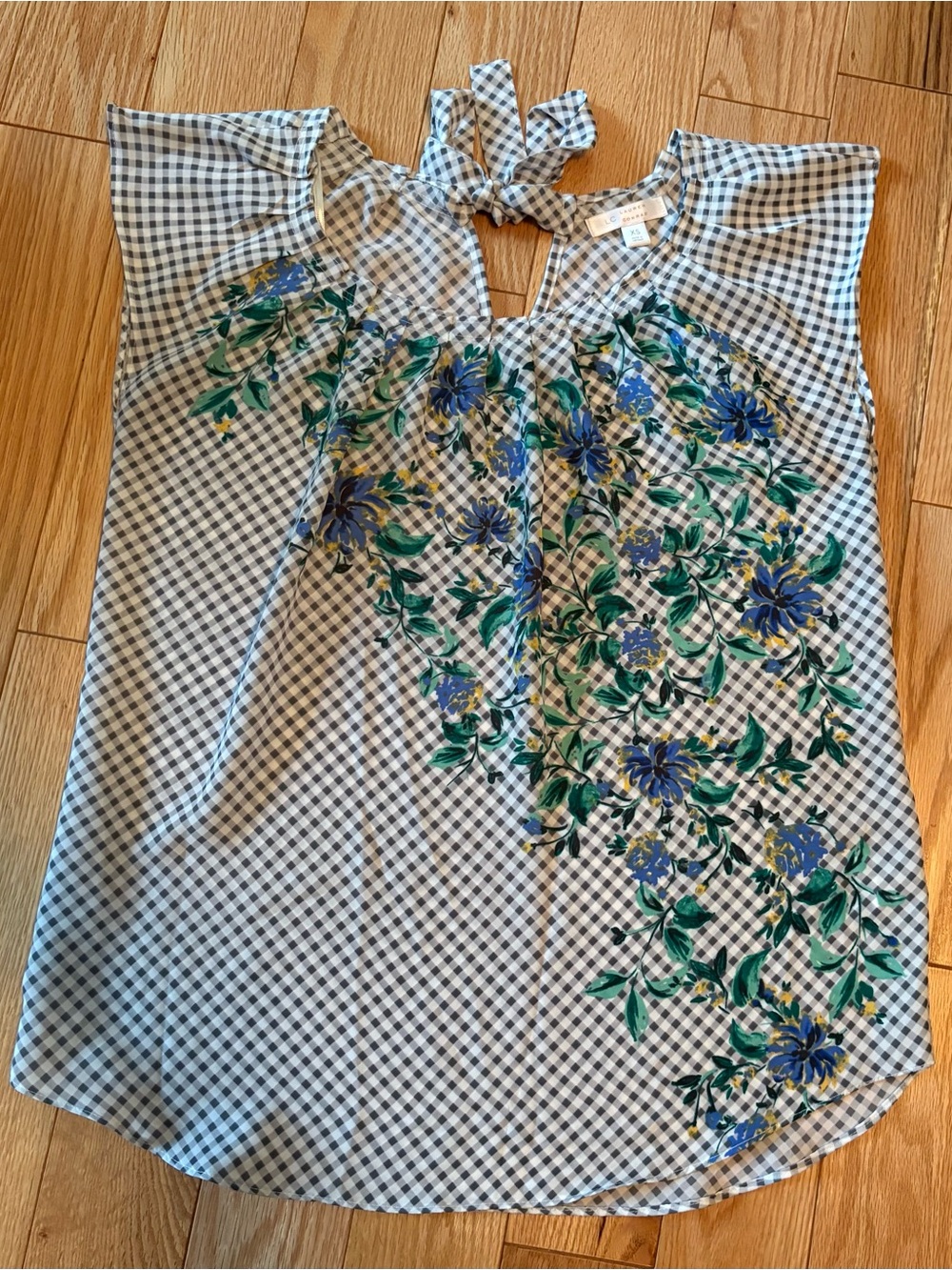 LC Lauren Conrad Blue & Green Floral Gingham Tie-Neck Camisole